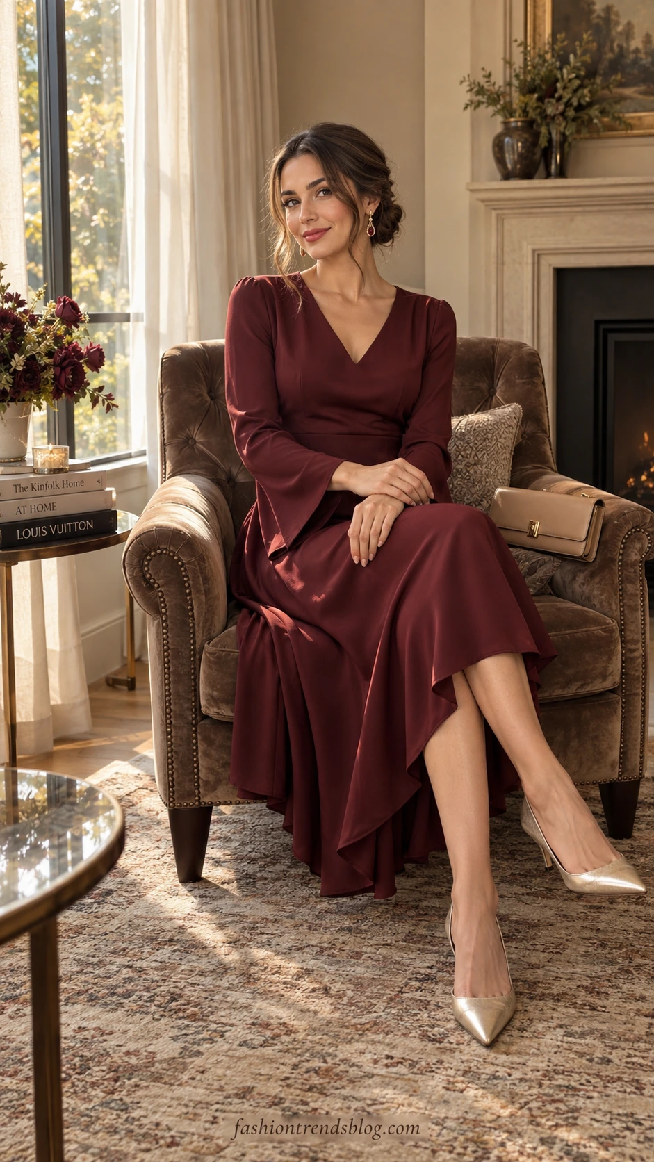 Woman in asymmetric hemline dress seated on velvet armchair by a sunlit window, styled as a polished fall wedding guest outfit