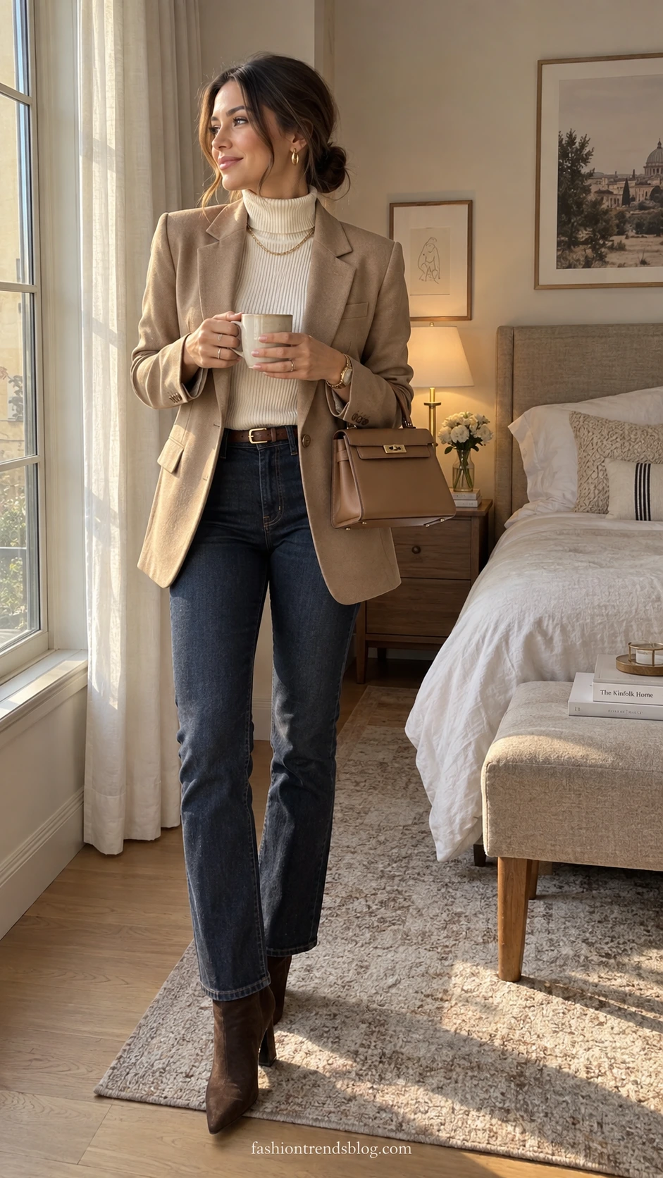 Stylish woman in a structured camel-beige blazer over a ribbed ivory turtleneck and dark indigo jeans, showcasing a polished classy beige outfit for everyday sophistication