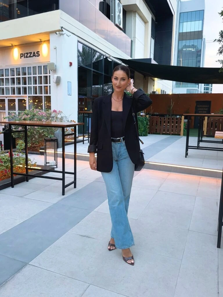 14- Black Blazer, Tank, and Light-Wash Jeans