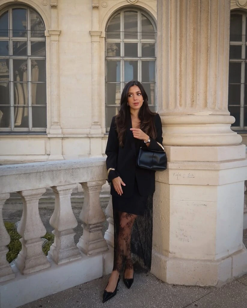 11- Black Blazer with a Lace Midi