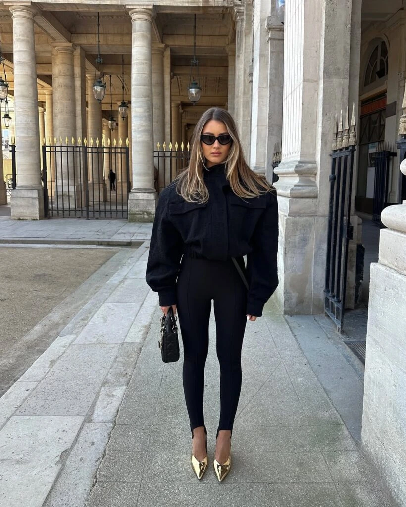 2- Black Leggings with a Bomber and Designer Bag