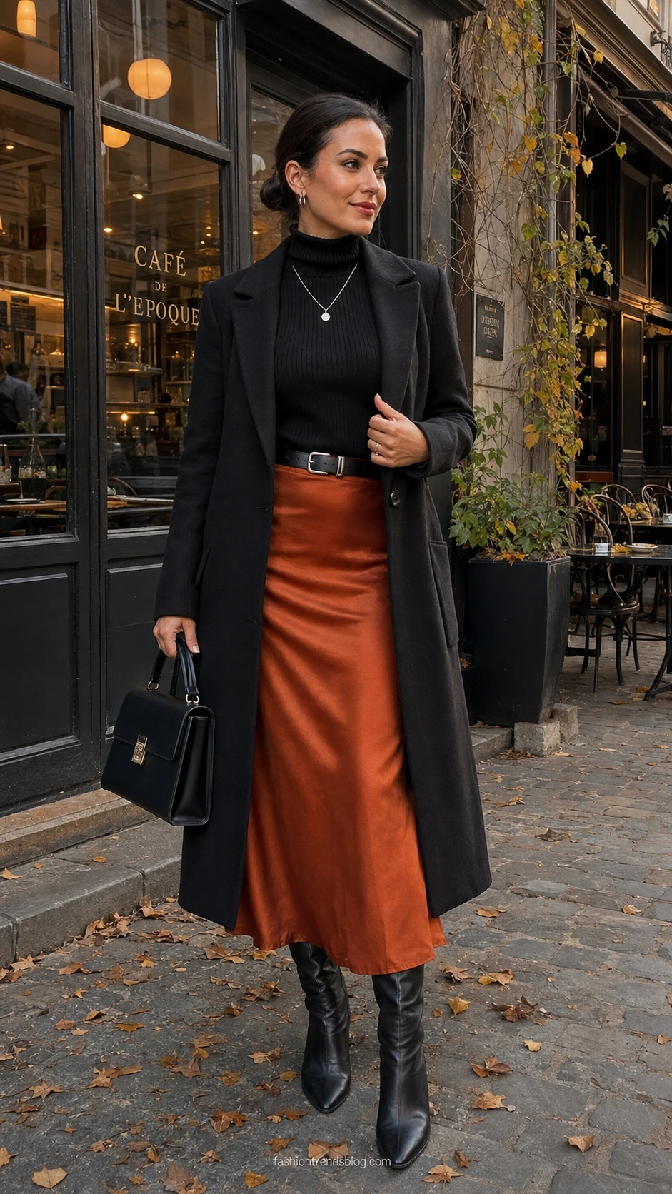 Woman in a Gothic Halloween Outfit pairs a black turtleneck and coat with a burnt orange satin midi skirt and boots