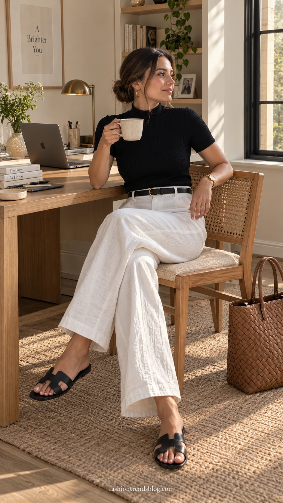 A Casual Linen Pants Outfit with a black ribbed mock-neck top, white wide-leg linen pants, slim belt, and heels in a warm home office