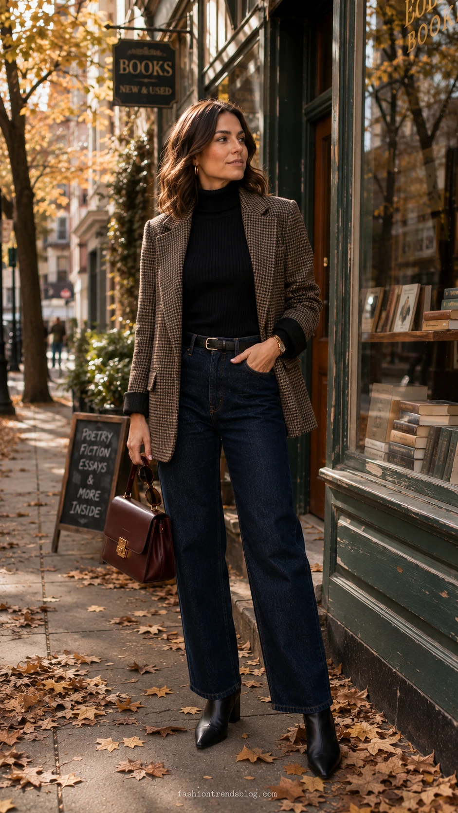 Woman in black turtleneck, dark jeans, and vintage brown blazer outside a bookshop, a Cute Outfit Ideas For Fall look