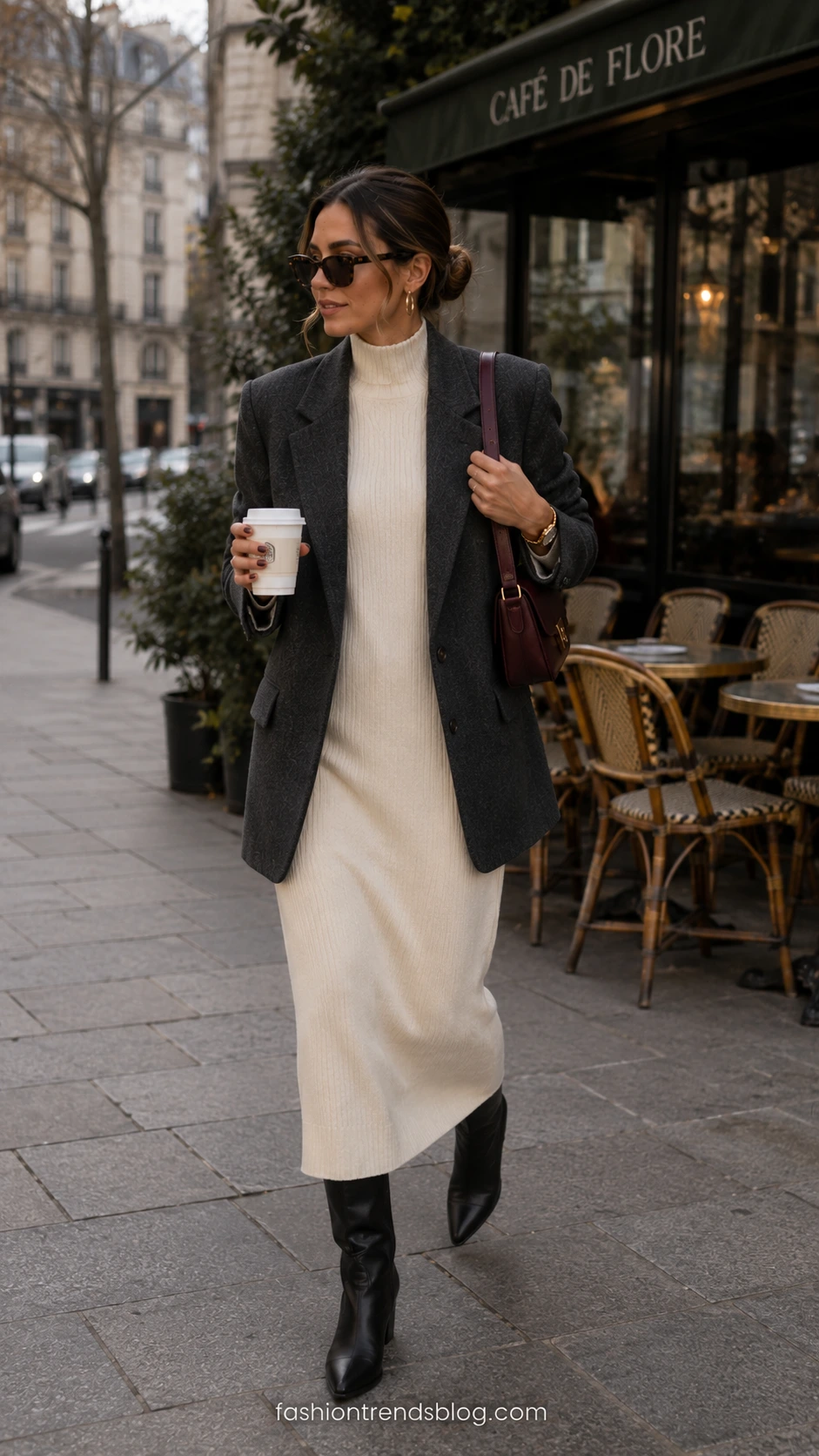 Oversized Blazer Outfit with charcoal wool blazer over an ivory ribbed column dress, worn walking past a European café terrace