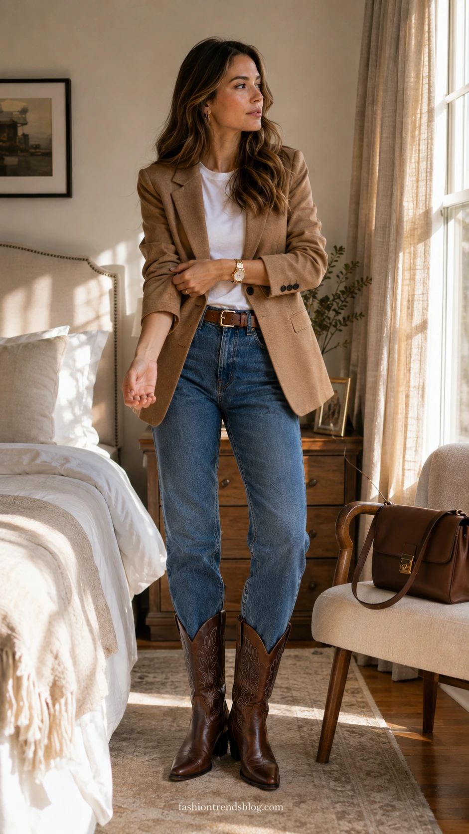 Woman in a camel blazer, white tee, straight jeans, and chocolate boots modeling a classy cowboy boots outfit in a sunlit bedroom.