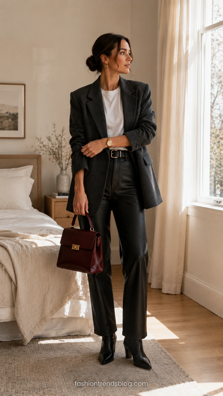 Oversized Blazer Outfit with charcoal blazer, white tee, black leather pants, and pointed boots in a sunlit bedroom