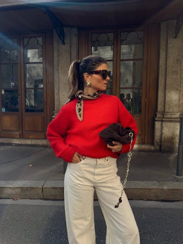 15- Bold Sweater with a Printed Scarf