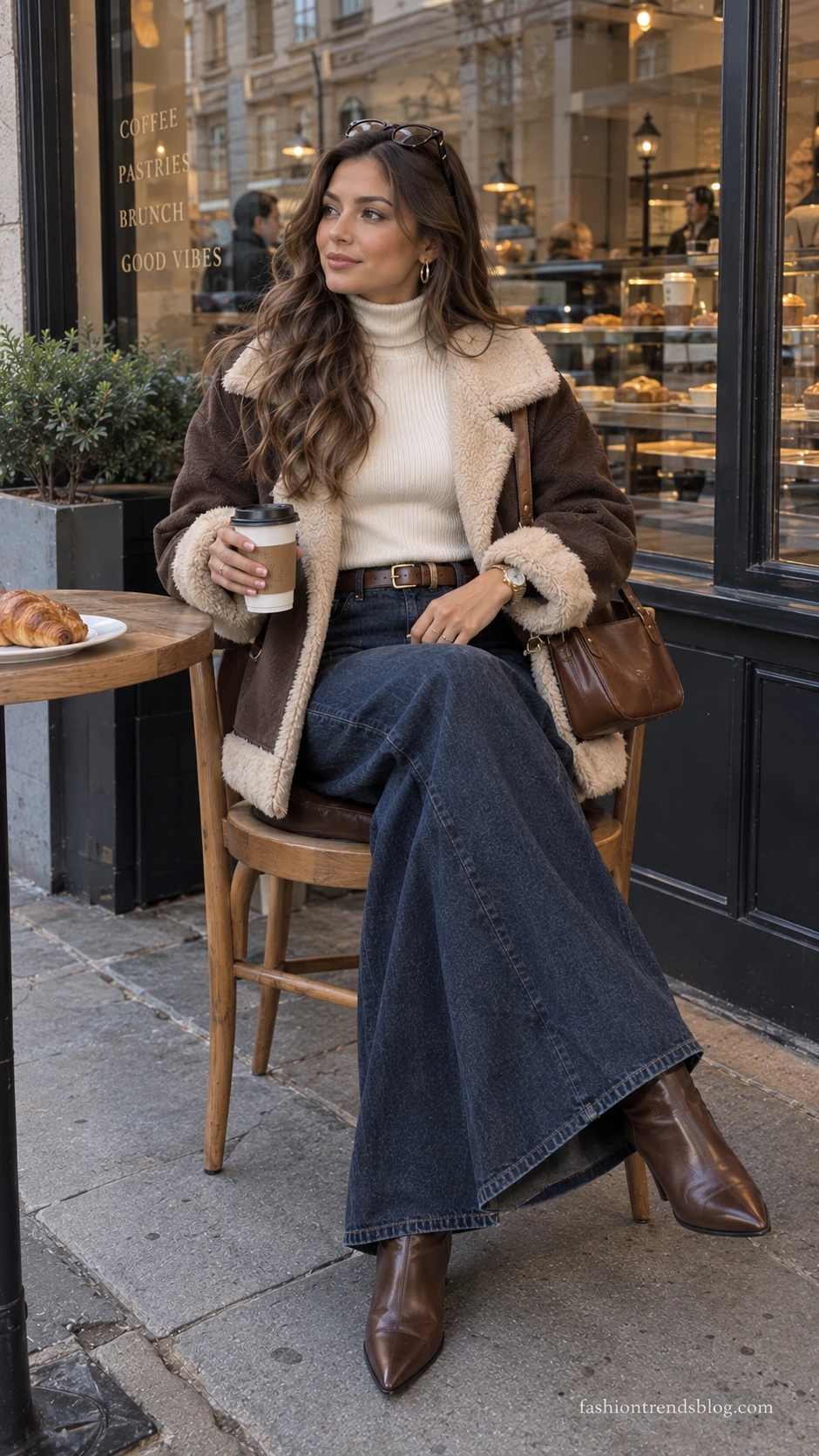 Seated woman by a café window in a brown shearling coat, ivory turtleneck, denim maxi skirt, and boots for Y2K winter outfit ideas