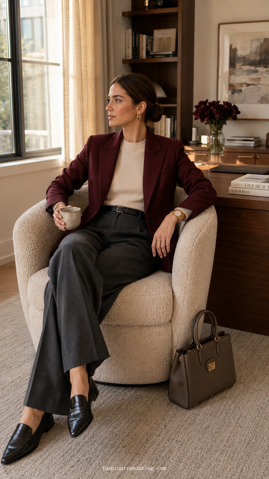 Burgundy Classy Outfit with a tailored blazer, cream knit top, charcoal wide-leg trousers, and black leather shoes in a home office