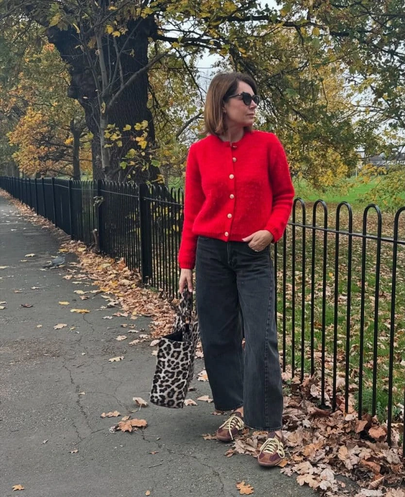 1- Burgundy Cardigan with Barrel Jeans