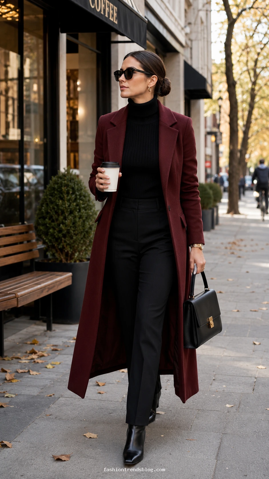 Burgundy Classy Outfit with a tailored wool coat over black turtleneck, trousers, and ankle boots on a city sidewalk