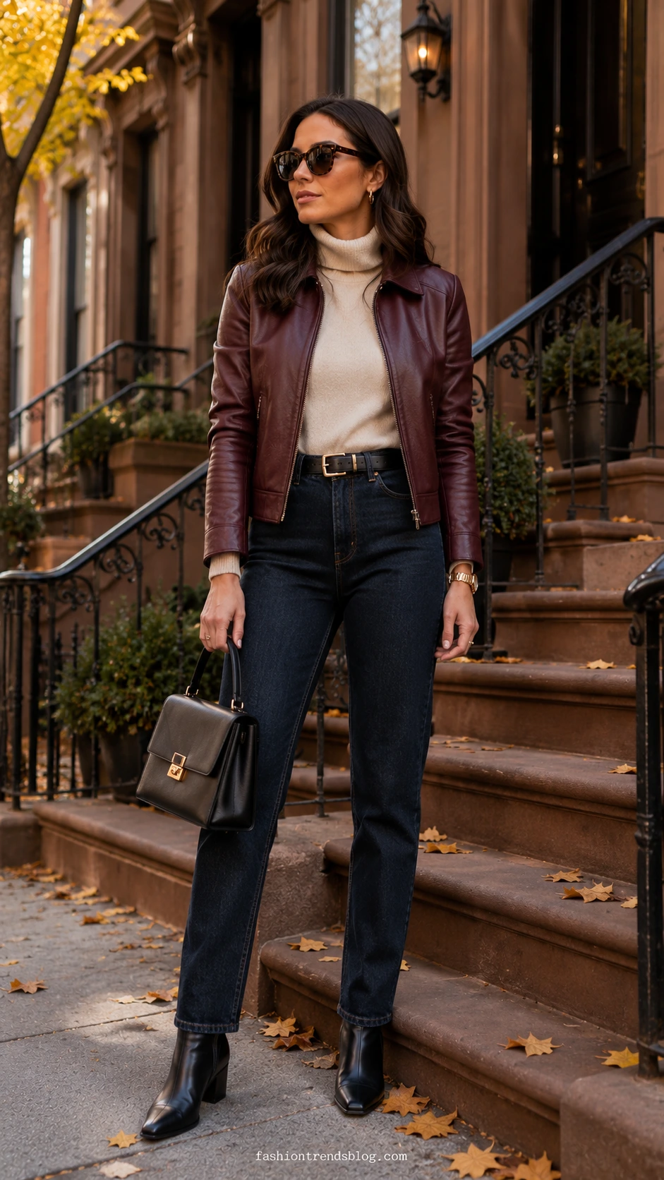 Woman on a brownstone stoop in a burgundy leather jacket, cream turtleneck, dark denim, and ankle boots for a Burgundy Classy Outfit