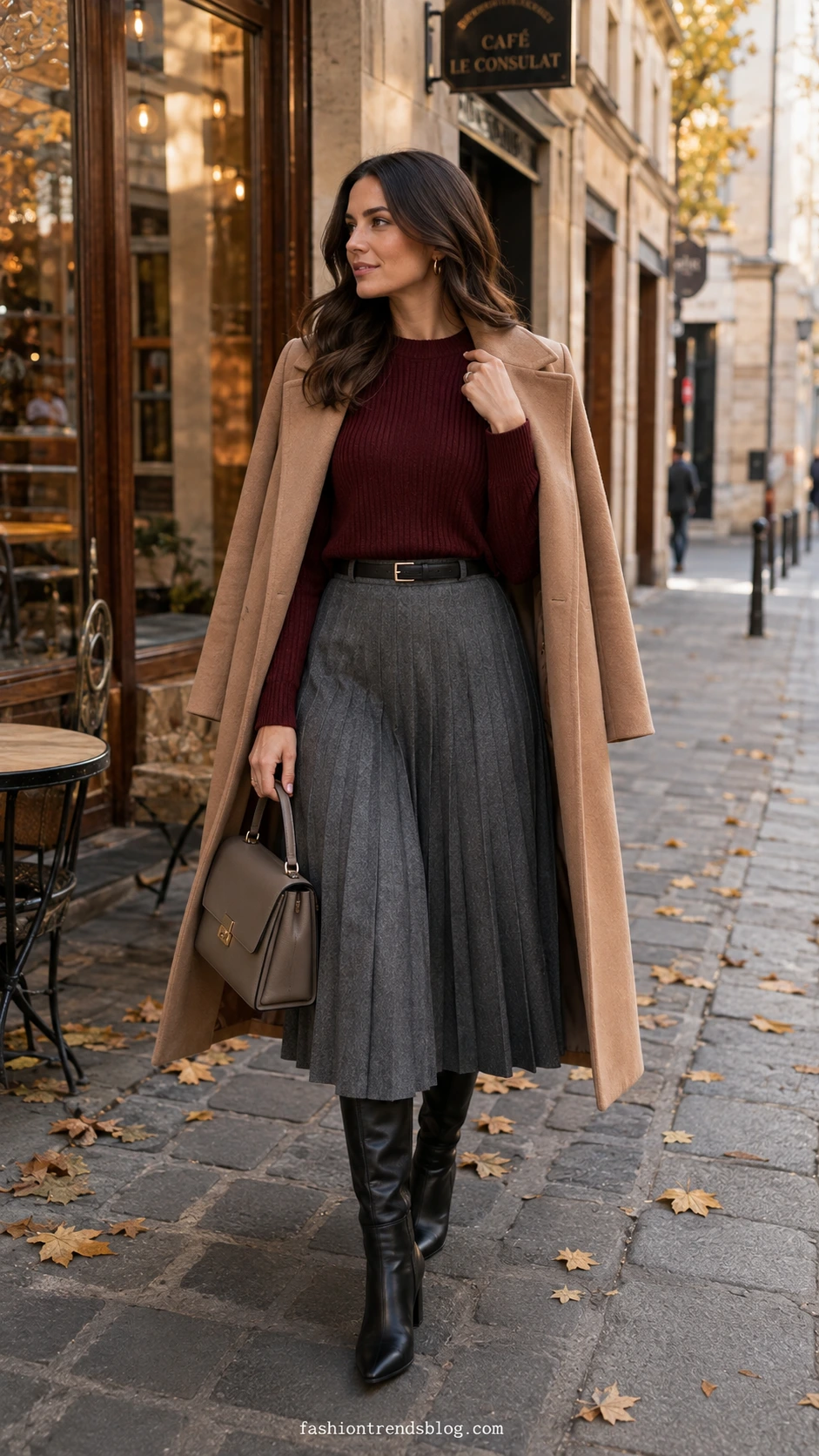Woman in a Burgundy Classy Outfit: ribbed sweater tucked into gray pleated midi skirt with black boots and taupe bag
