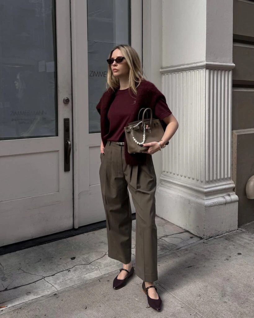 10- Burgundy Tee and Pleated Trousers