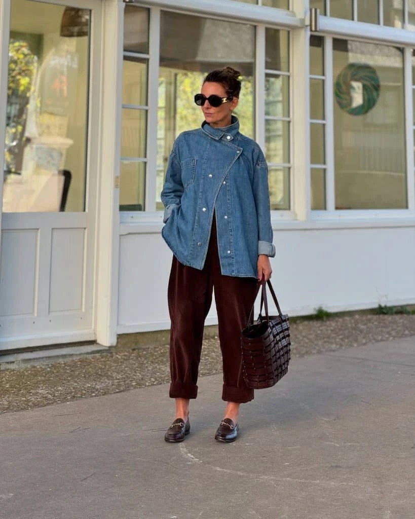 3- Burgundy Trousers with a Denim Shacket