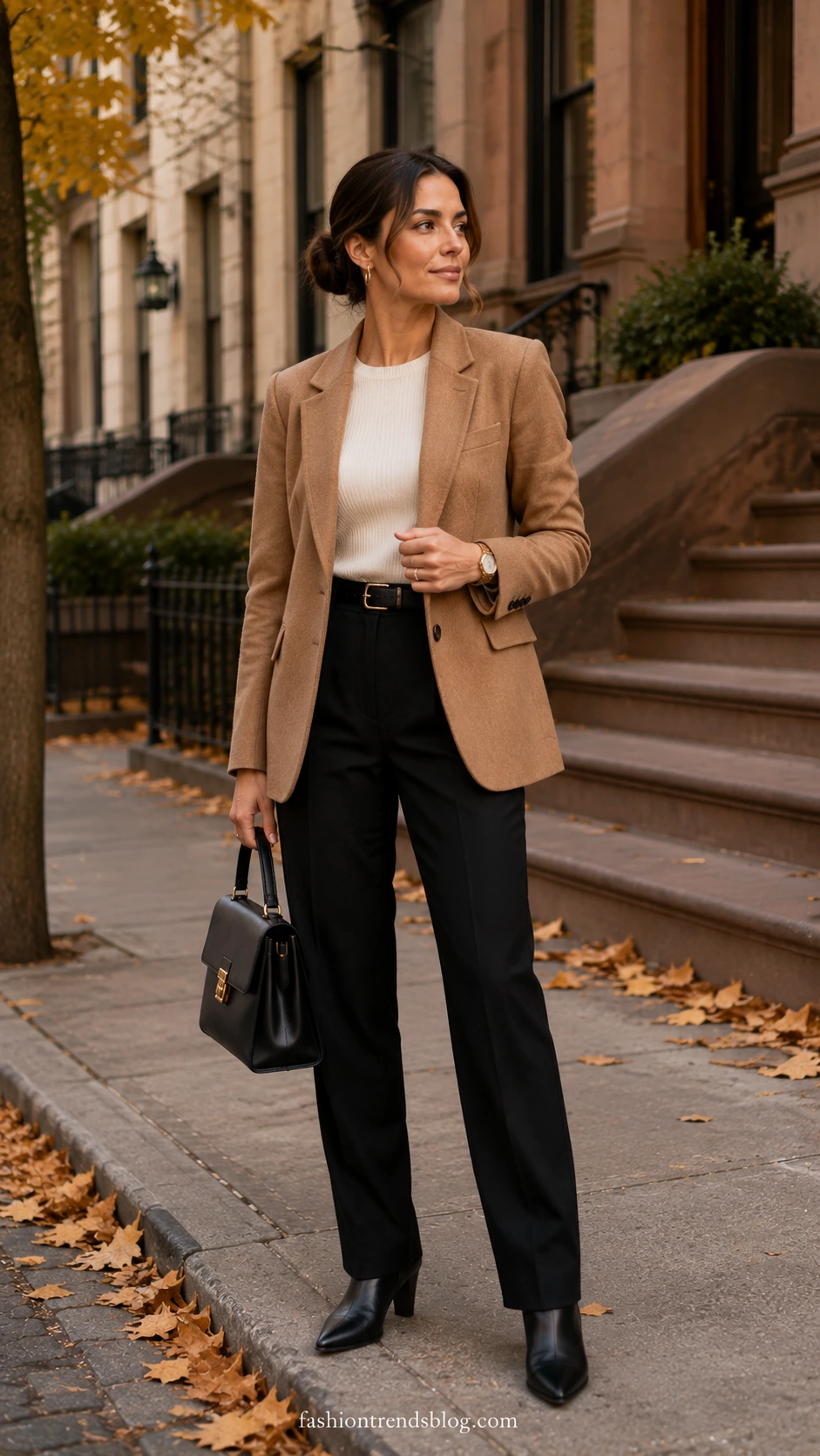 Fall Office Work Outfit with a camel blazer, ivory knit top, and black trousers on a woman outside a brownstone office