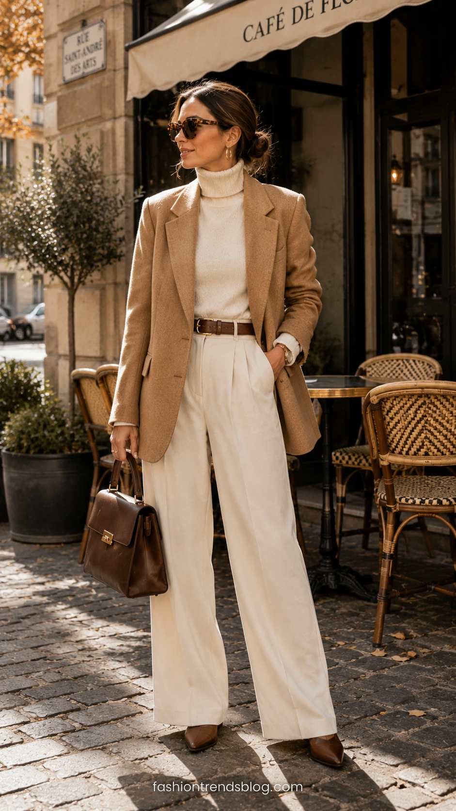Oversized Blazer Outfit with a camel wool blazer, cream turtleneck, and ivory wide trousers on a European café terrace