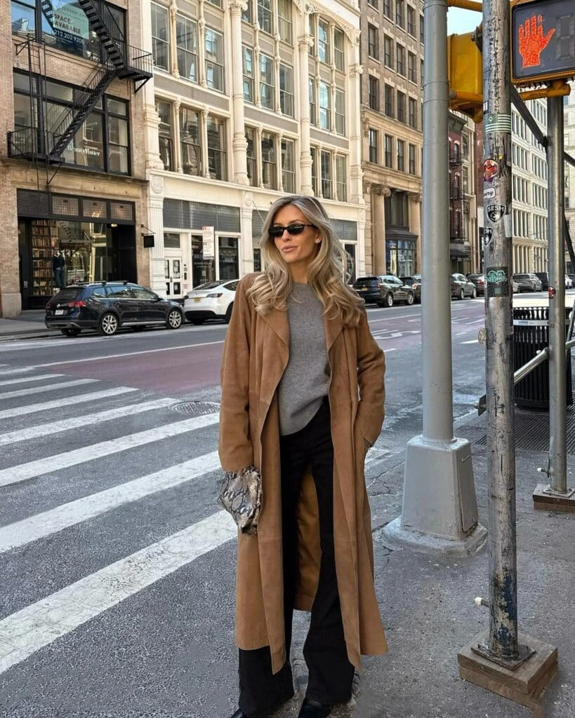 11- Camel Coat and Wide-Leg Black Pants