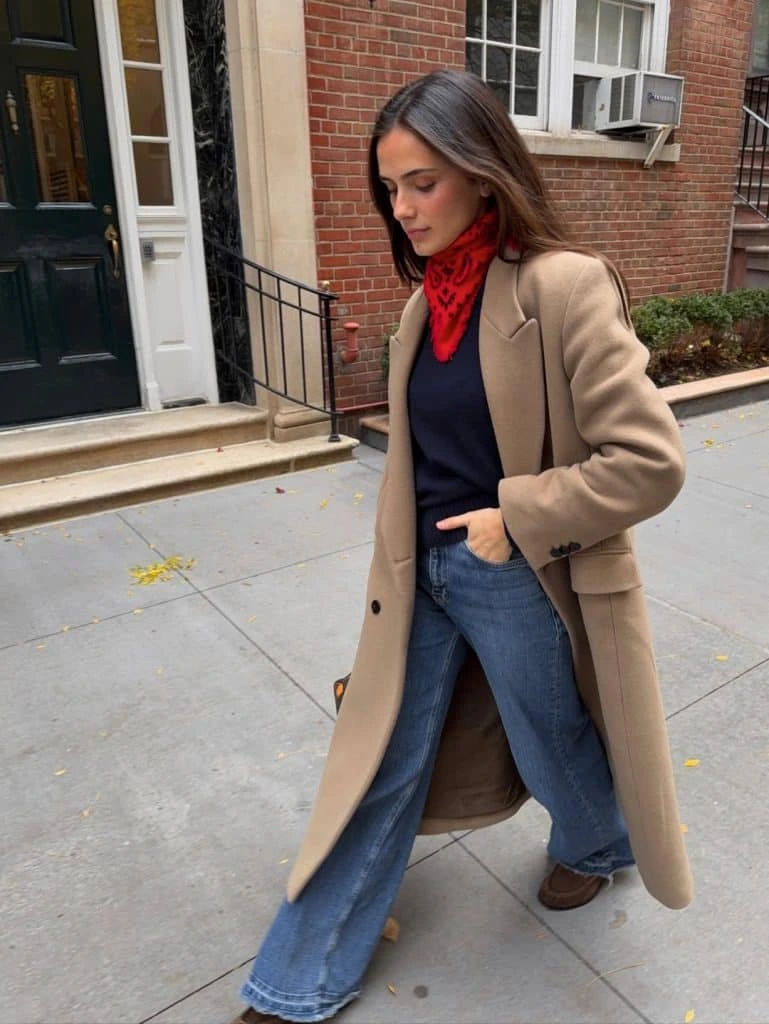 9- Camel Coat with a Bold Scarf
