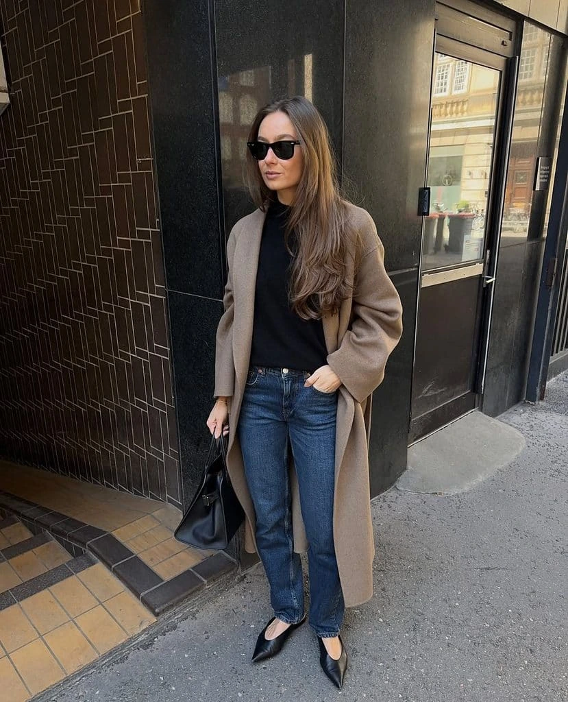 1- Camel Coat with Dark Denim
