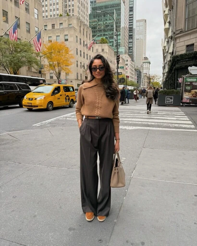 4- Camel Sweater and Wide-Leg Trousers