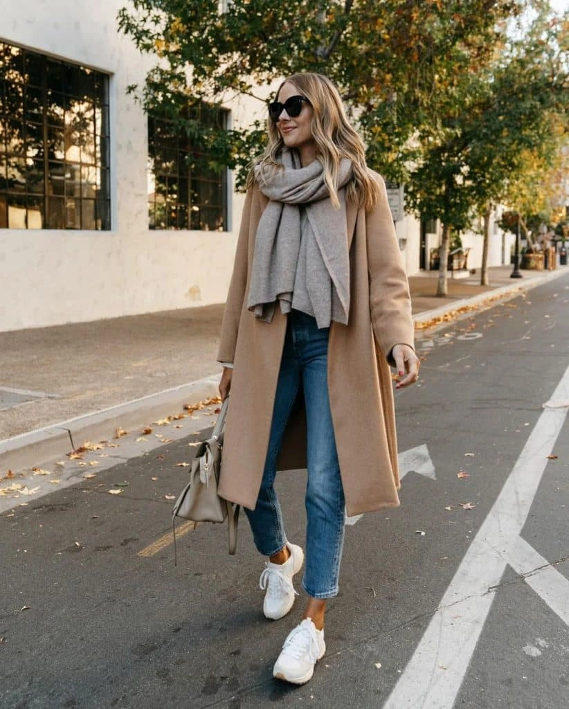 10- Camel Wrap Coat with Dark Denim