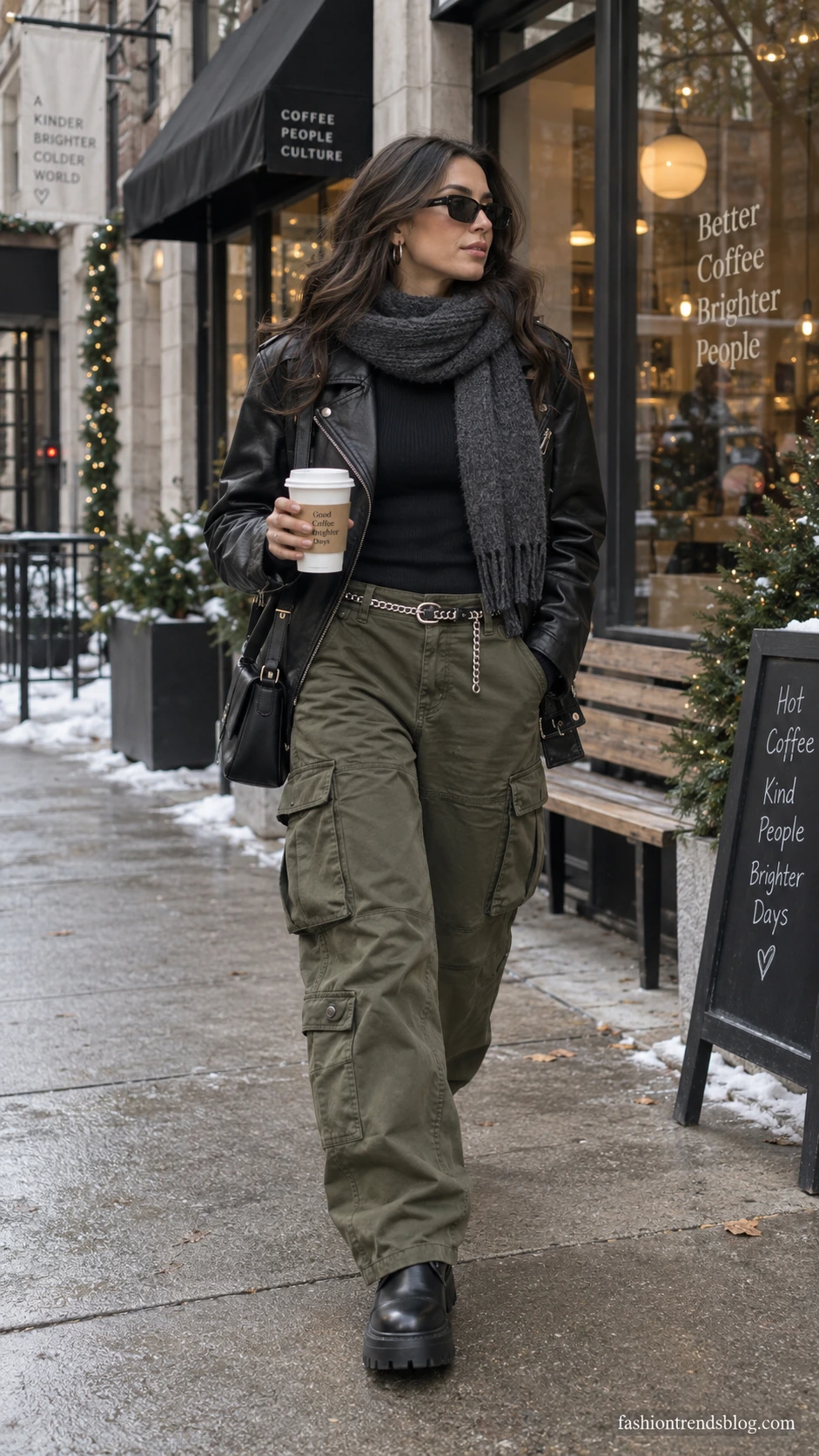 Y2K winter outfit ideas with olive cargo pants, moto jacket, thermals, coffee, and shoulder bag on a city sidewalk