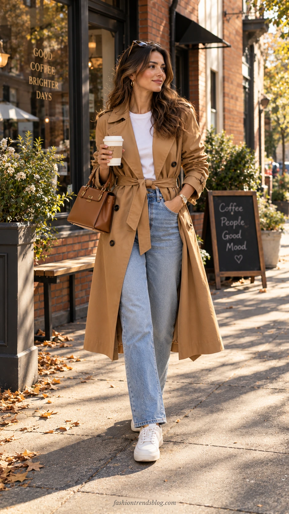 Woman in camel belted trench coat worn open over white tee, light wash straight-leg jeans, and white chunky sneakers for an effortless casual weekend outfit