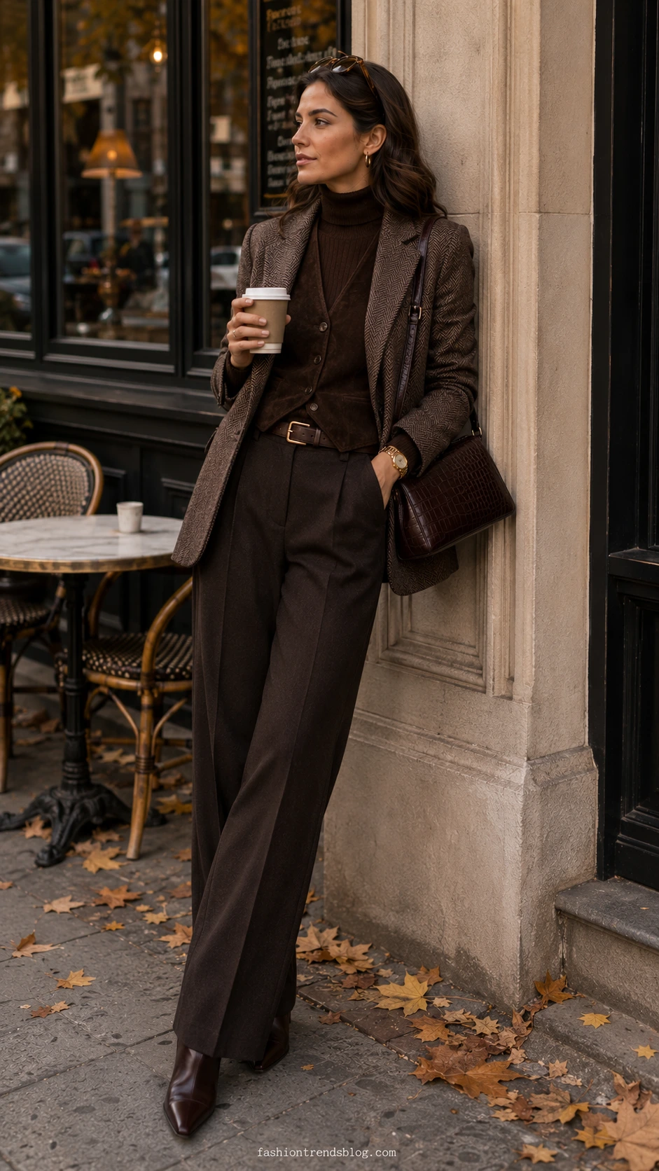 Woman in chocolate brown textured layers leans by a European café, highlighting fall outfit ideas for crisp days