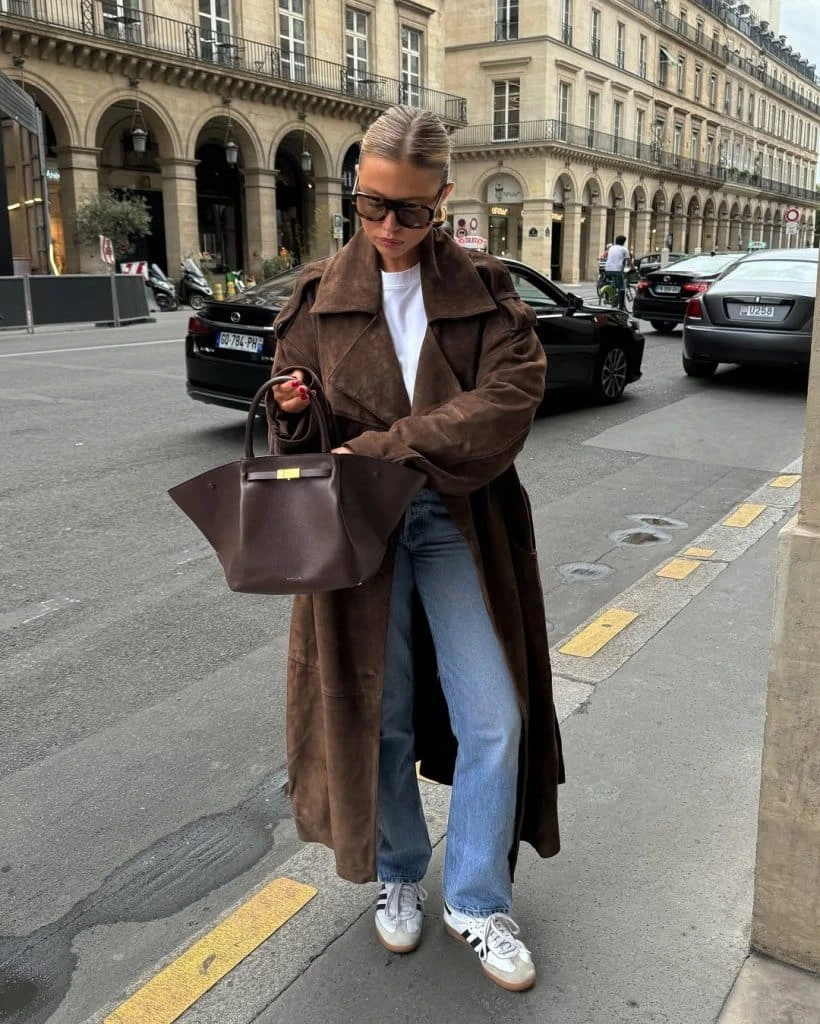 10- Chocolate Brown Trench and Sneakers