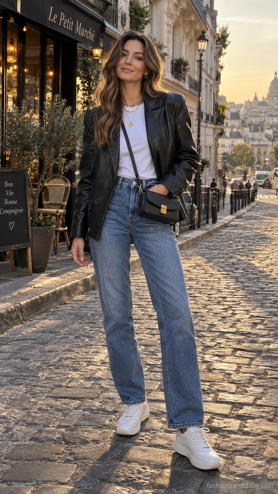 Stylish woman in an oversized black leather jacket paired with a white crew-neck tee and straight-leg jeans on a sunlit cobblestone street