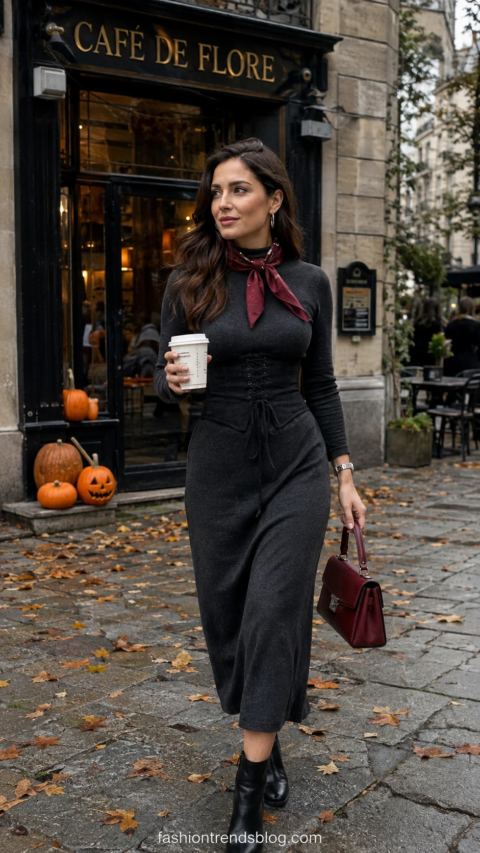 Gothic Halloween Outfit with a black cotton waspie over a charcoal midi dress outside a pumpkin-trimmed historic café.