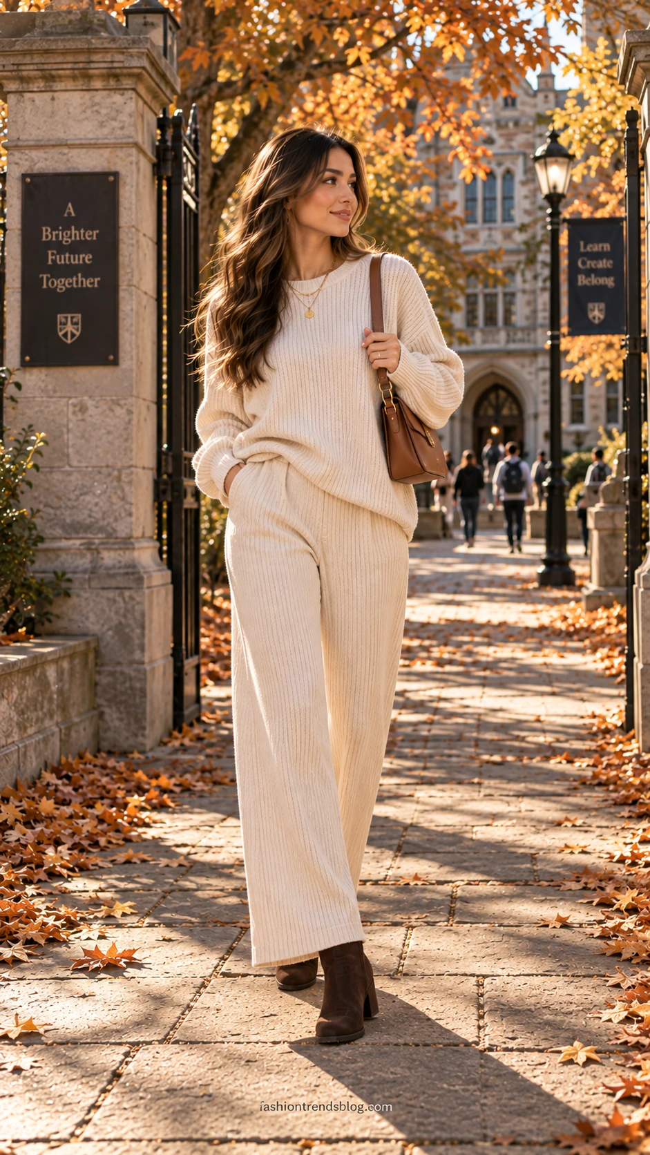Woman wearing a coordinated cream ribbed knit sweater and wide-leg trouser set with chocolate brown suede ankle boots for a cozy college outfit