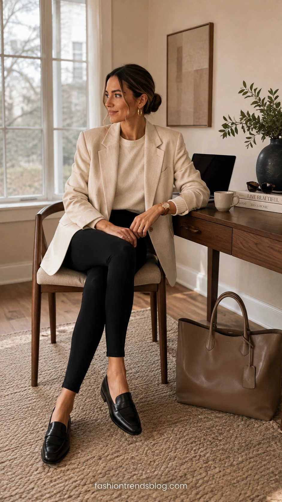 Seated woman in an Oversized Blazer Outfit: cream longline blazer, ivory knit, black leggings, and loafers in a chic office