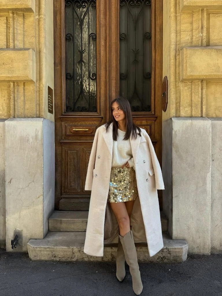 6- Cream Coat With a Gold Sequin Skirt