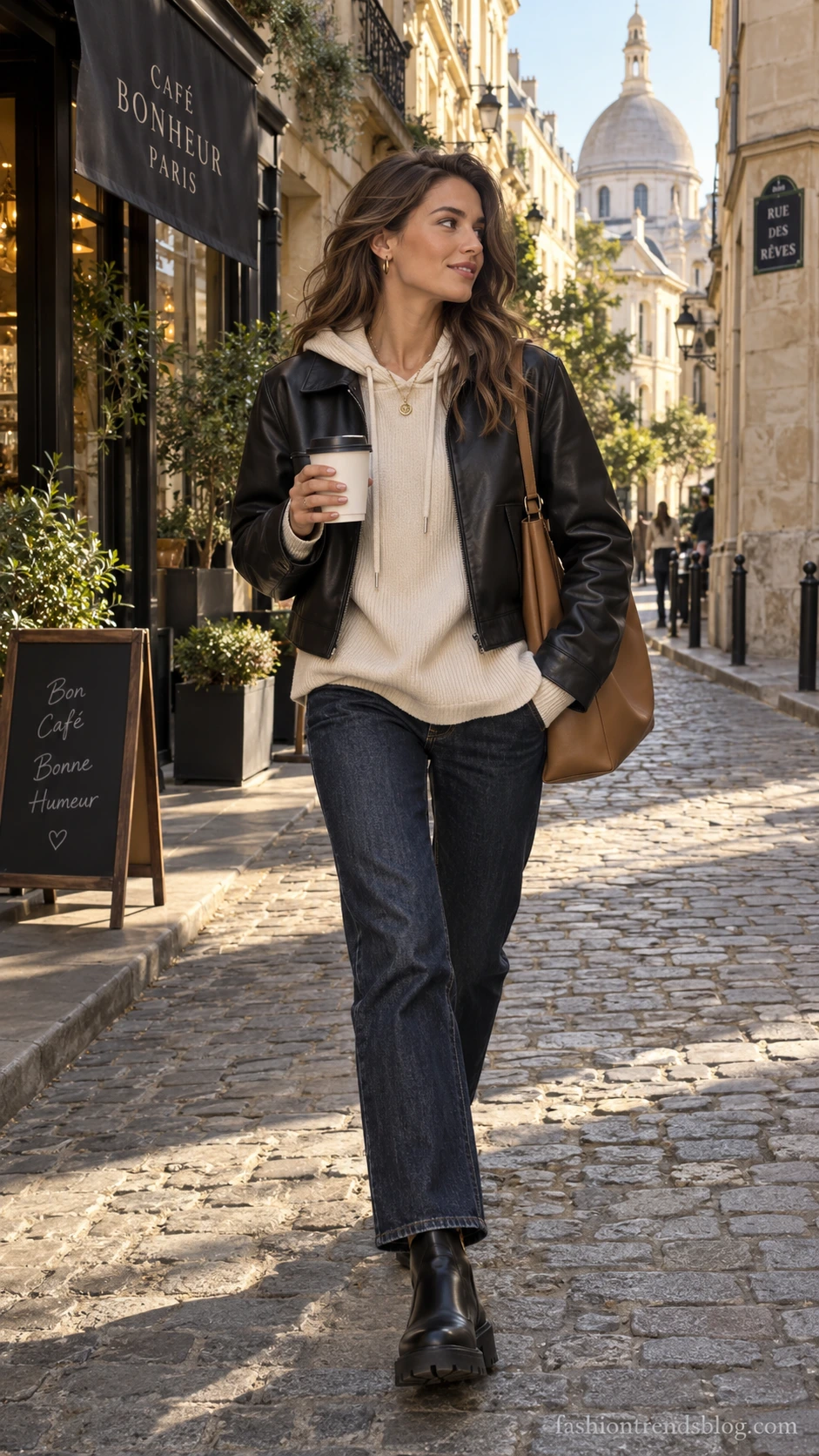 Woman in cropped black leather jacket layered over a hoodie walking cobblestone street, carrying coffee and camel tote bag