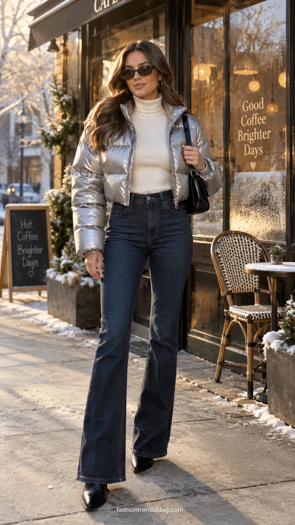 Woman in a cropped silver puffer, ivory turtleneck, and flared jeans outside a café, highlighting Y2K winter outfit ideas.
