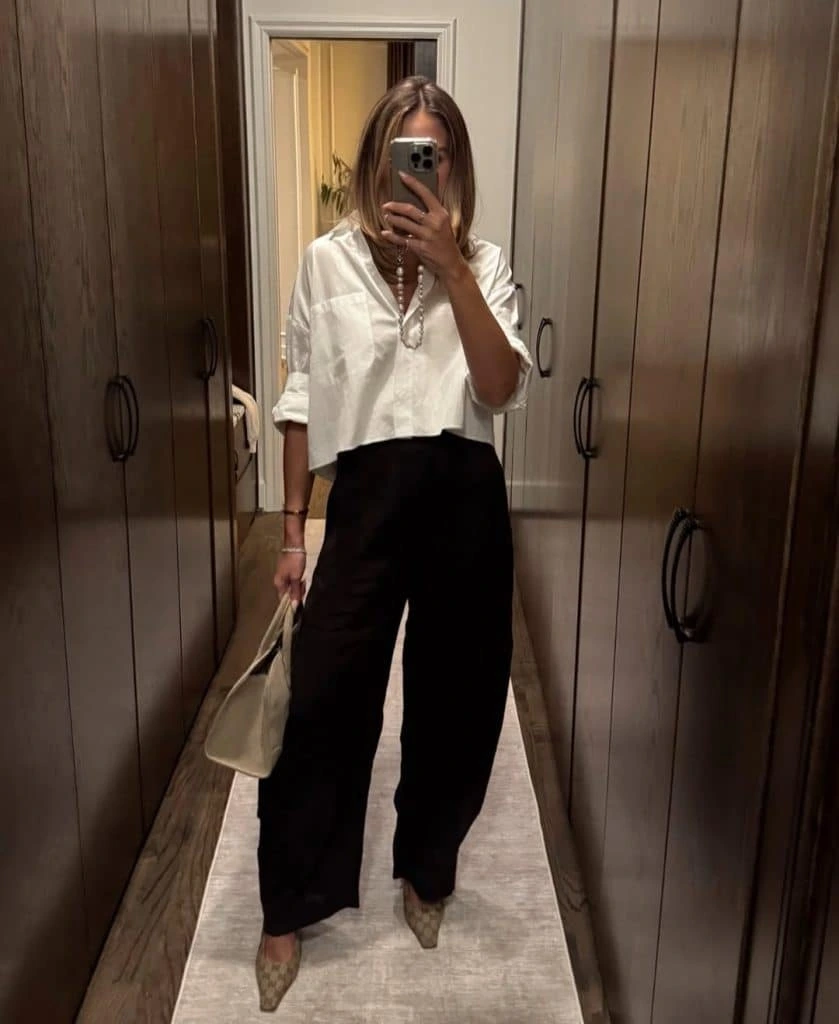10- Cropped White Shirt with Black Wide-Leg Trousers