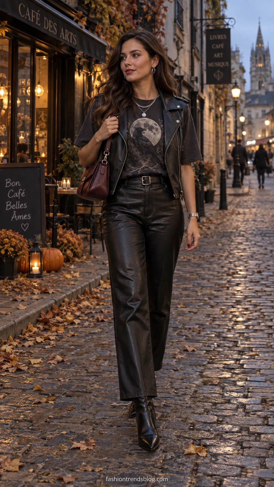 Woman in a raven-and-moon tee and black leather moto vest on a cobblestone street, a Gothic Halloween Outfit with café glow