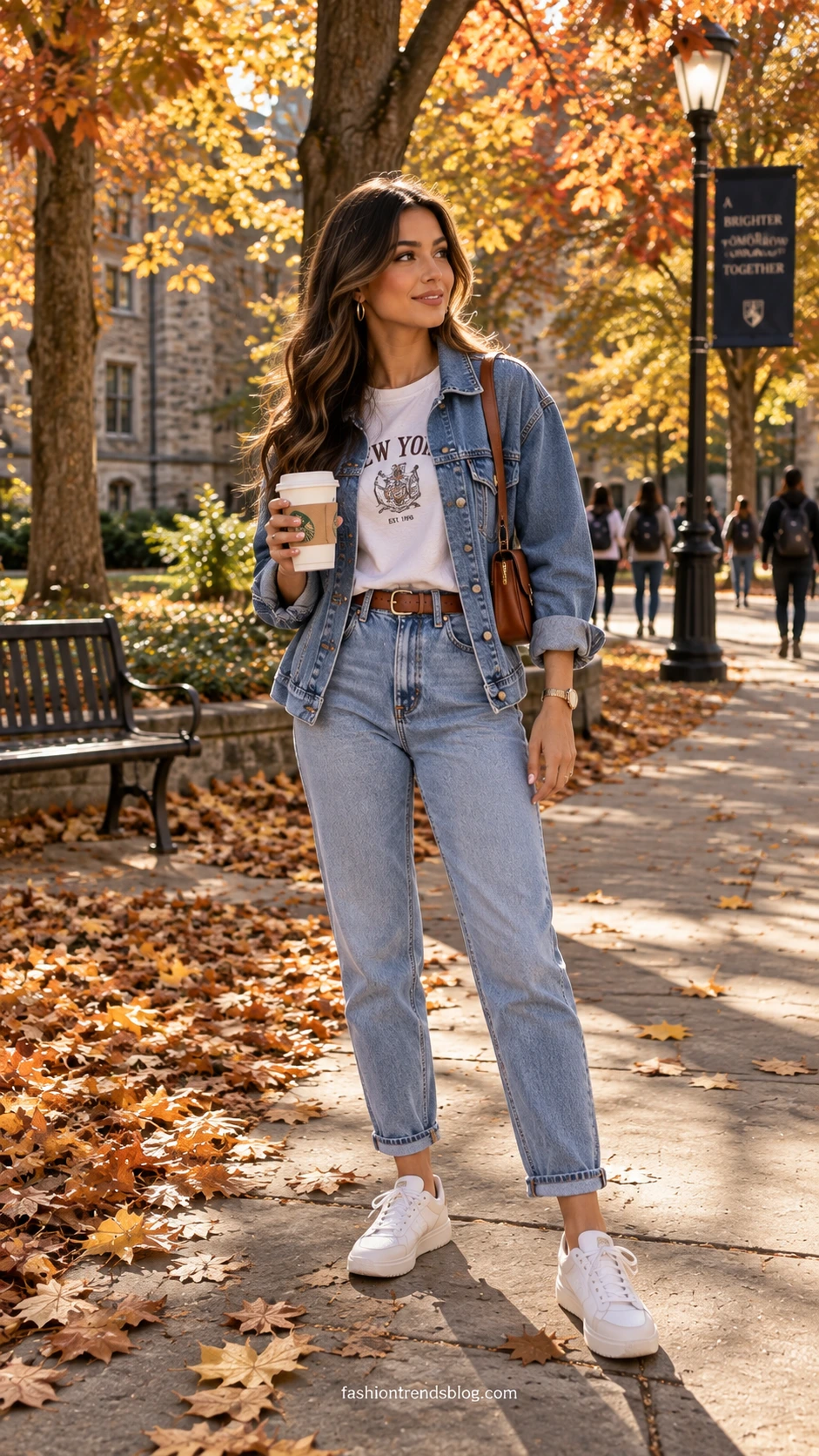 Woman in mid-wash denim jacket layered over a graphic tee and mom jeans on a sunlit campus path surrounded by autumn foliage — a cozy college outfit for fall