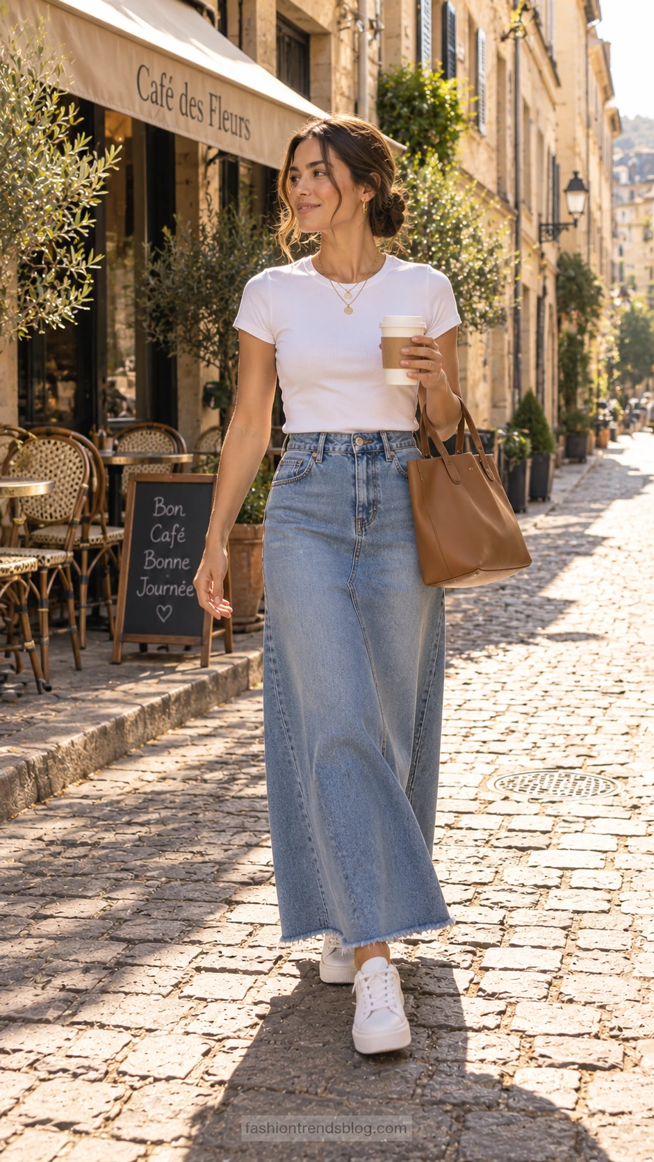 Woman in faded medium-wash denim maxi skirt and white baby tee crop top walking sun-lit cobblestone street, effortless denim maxi skirt outfit