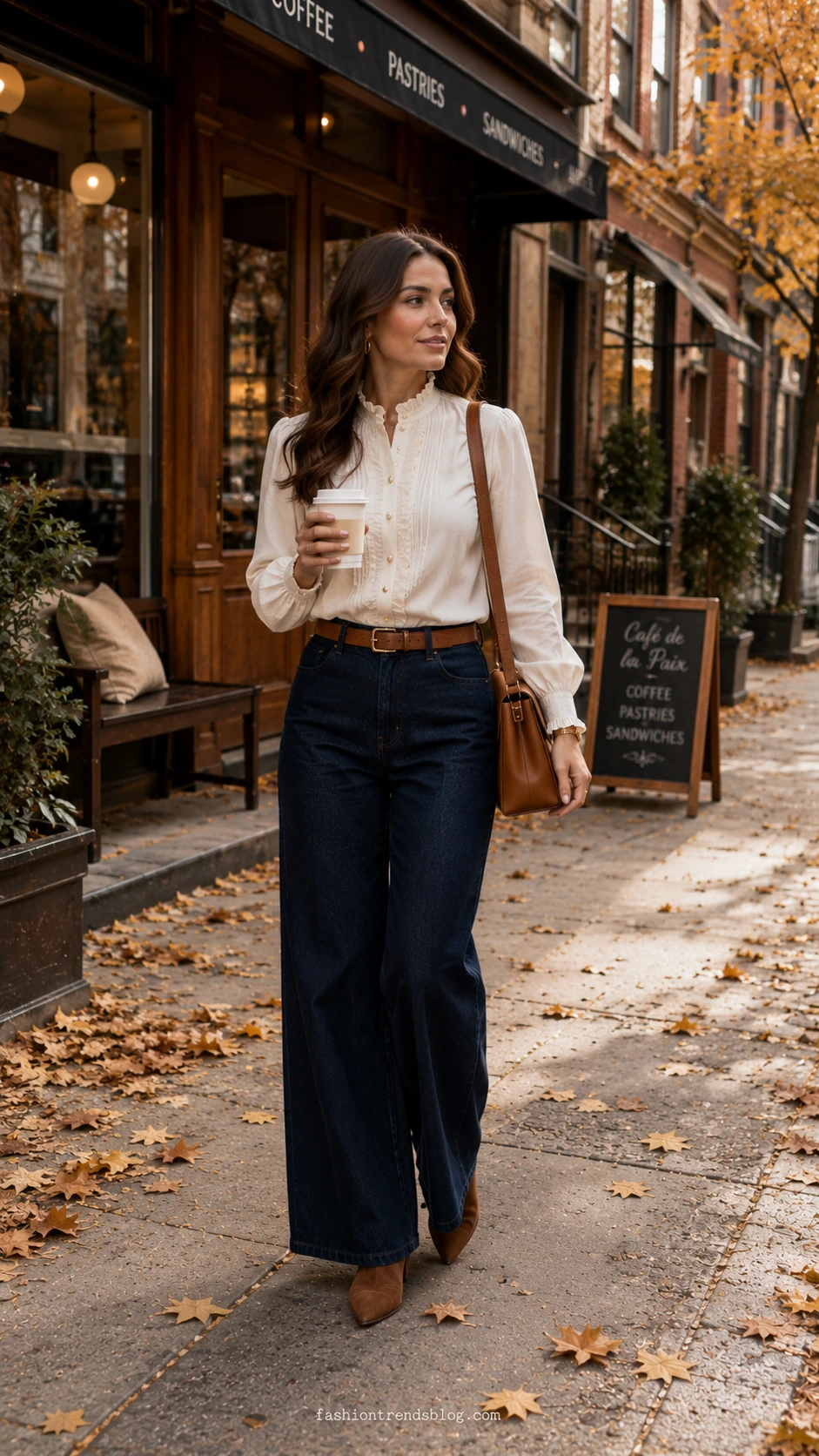 Woman in an ivory ruffle blouse, dark wide-leg jeans, cognac belt, and pointed brown shoes for Cute Outfit Ideas For Fall