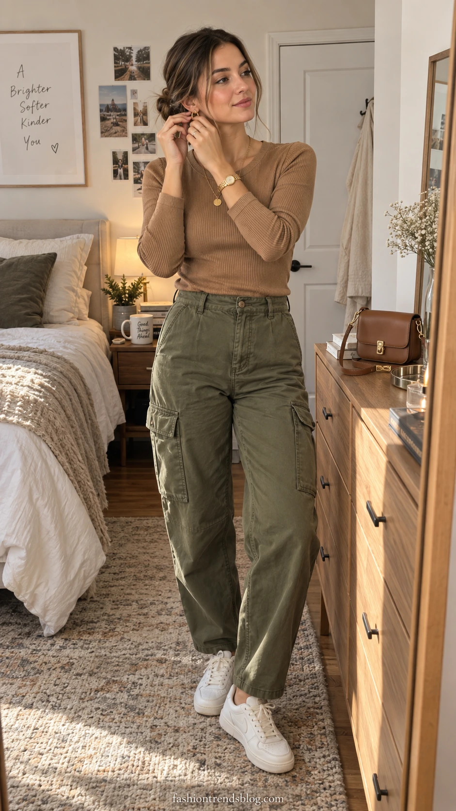 Woman in fitted caramel ribbed long sleeve tee tucked into olive cargo pants adjusting gold hoop earrings — a relaxed college outfit formula that actually works