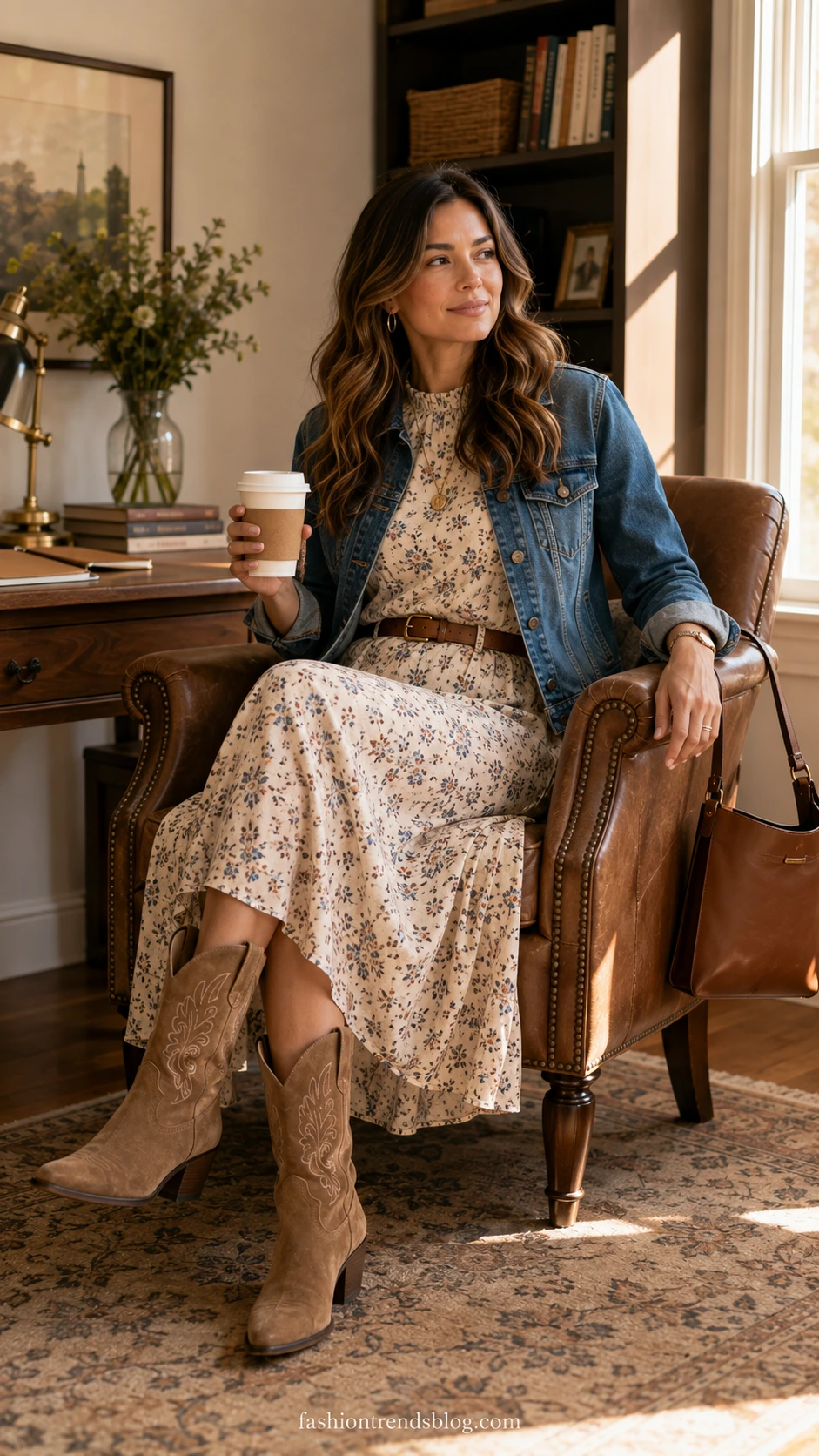 Woman in a cream floral midi dress, denim jacket, and cowboy boots seated in a sunny office, a classy cowboy boots outfit idea.