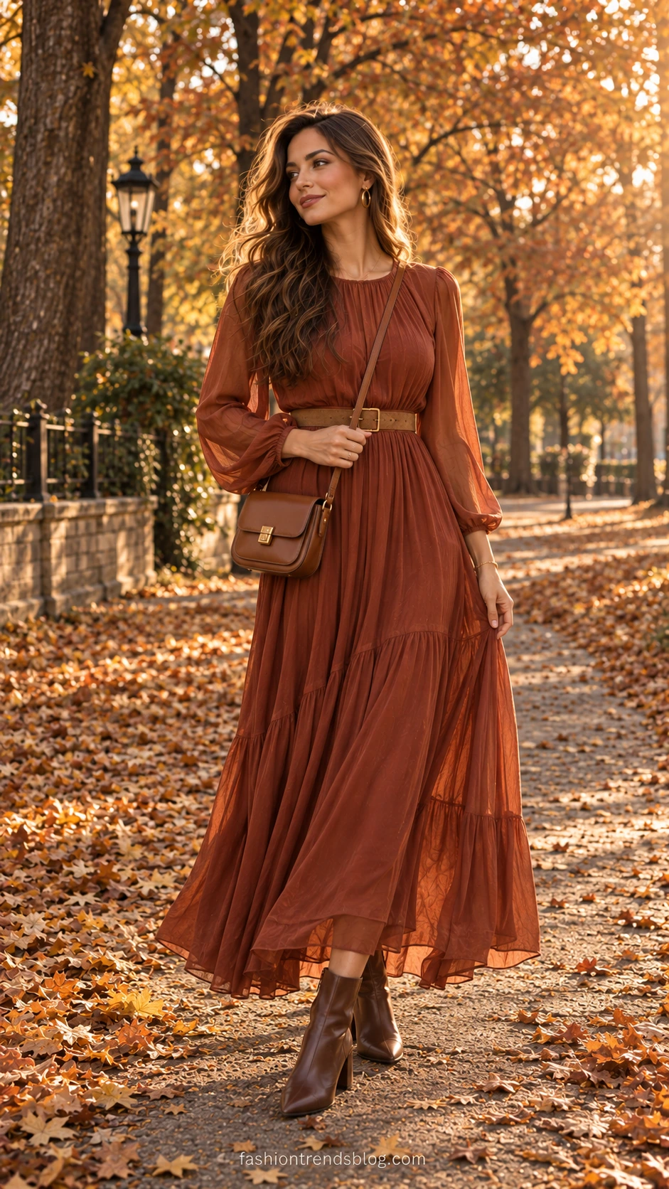 Woman in flowing terracotta chiffon maxi dress standing on leaf-covered autumn path, golden hour light filtering through amber trees — a stunning fall wedding guest outfit