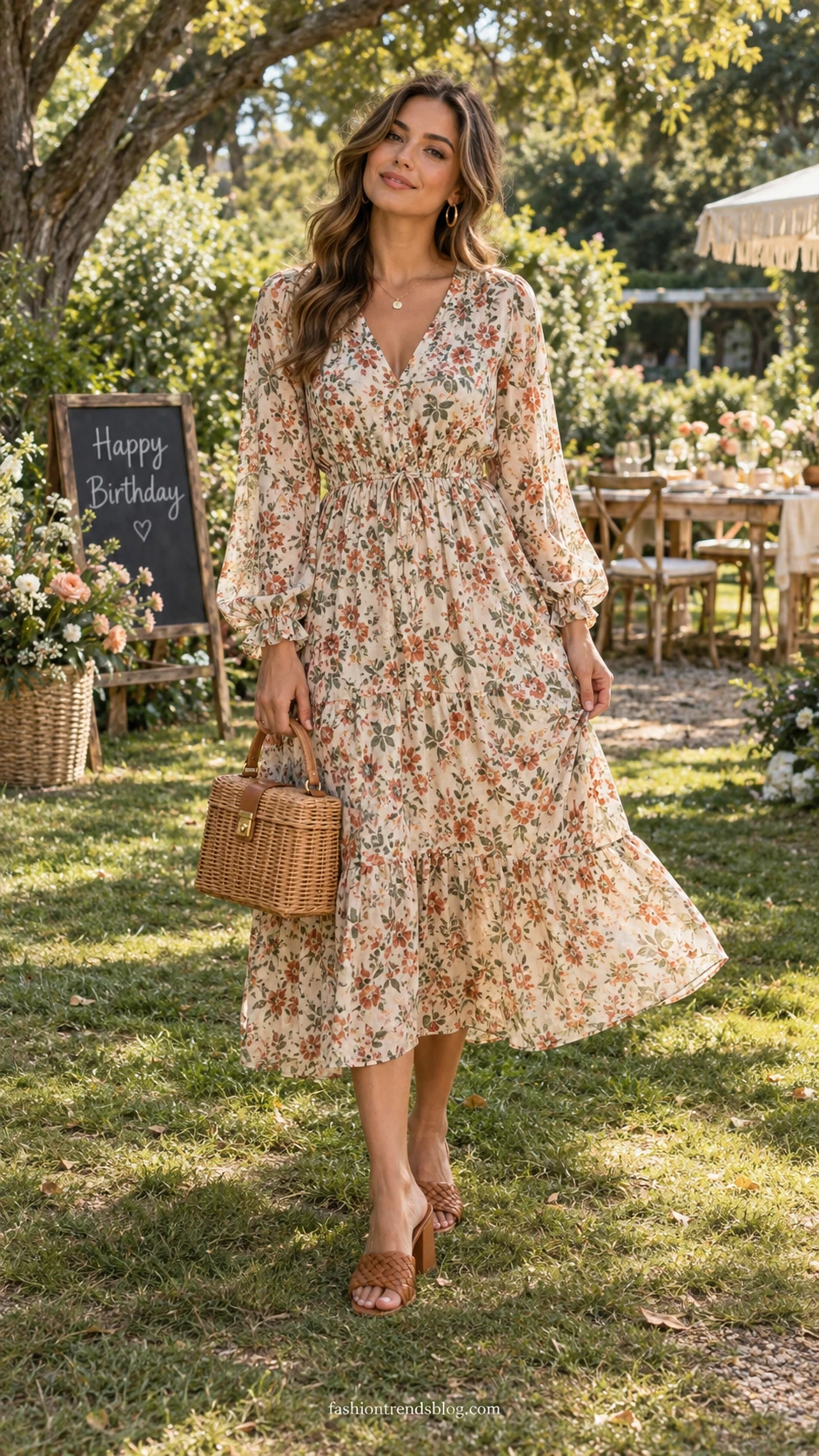 Woman in a flowy floral midi dress standing on a sun-dappled botanical garden path, a relaxed birthday picnic outfit idea for warm afternoons