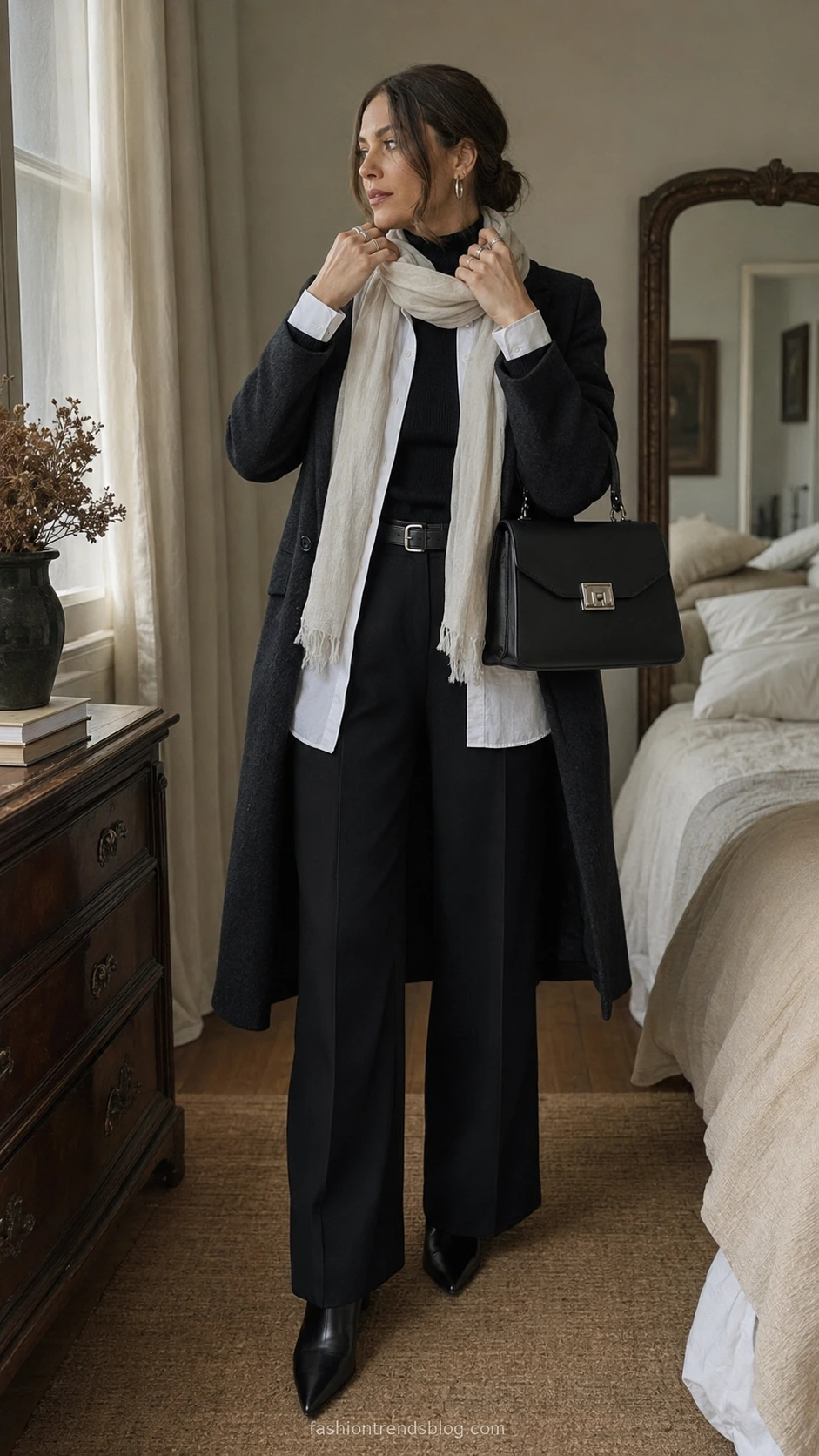 Woman in a Gothic Halloween Outfit layers a black ribbed turtleneck under a misty white longline shirt in a softly lit bedroom.