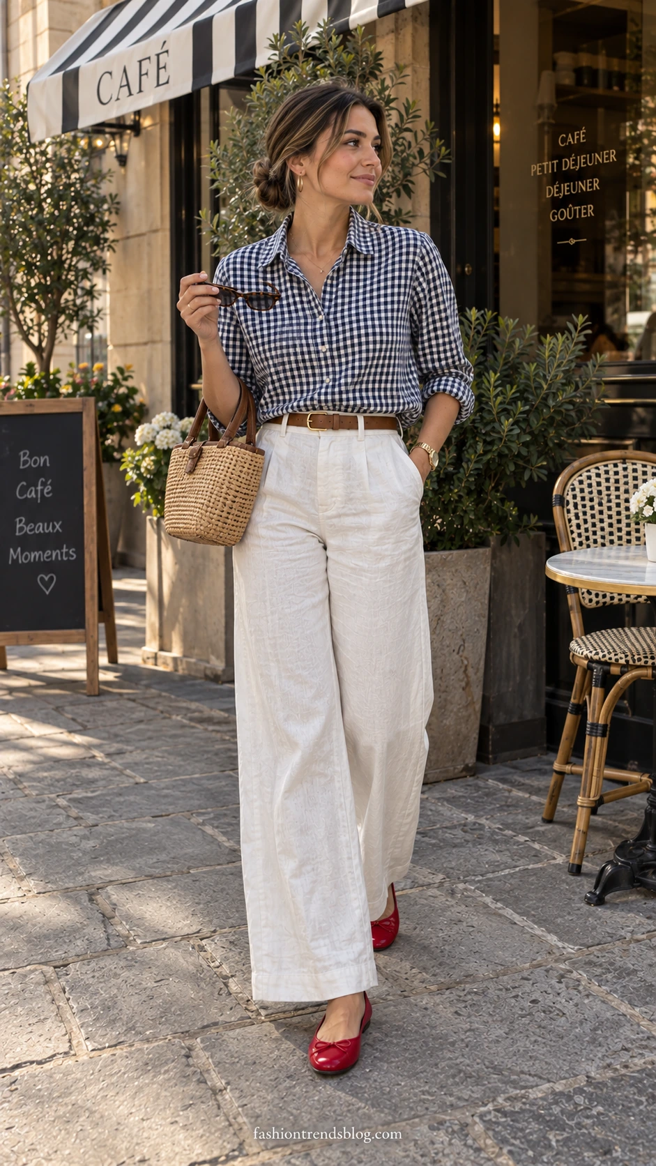 Woman in a navy gingham blouse, ivory wide-leg linen pants, and red flats outside a café, a Casual Linen Pants Outfit idea.