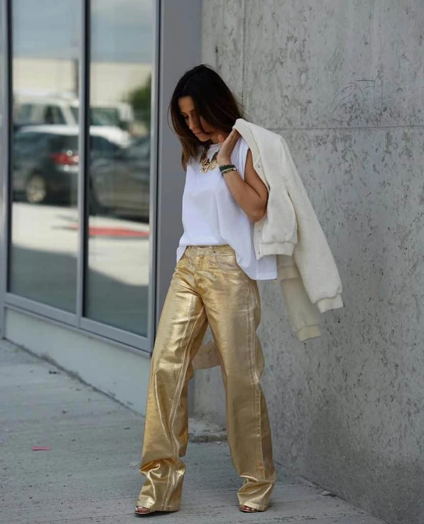 7- Gold Trousers and a White Top